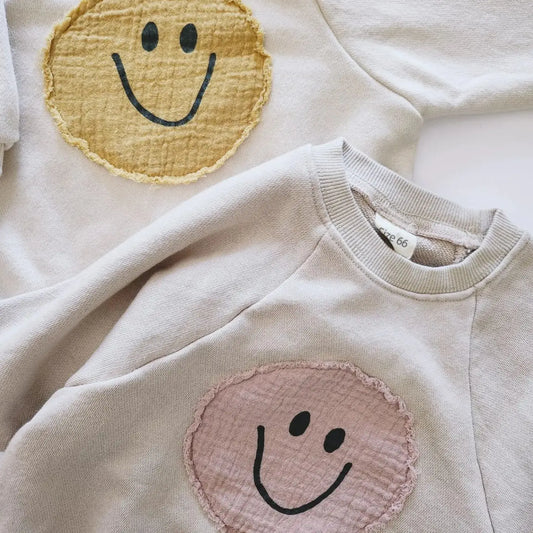 Baby Girl's or Boy's Smiley Face Sweatshirt Style Cotton Romper