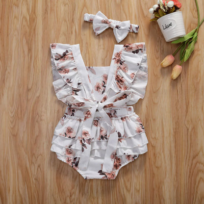 Baby Girl's Summer Floral Sleeveless Ruffled Romper With Headband - 100% Cotton