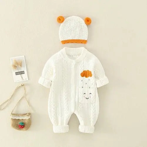 Baby Girl's or Boy's Outfit - Knitted Romper and Bonnet Set