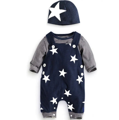 Newborn Baby Boys or Girls Long Sleeve Top, Suspender Pants and Hat