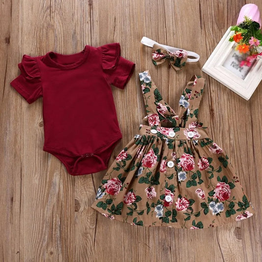 Baby Girl's Floral Print Romper, Dress and Headband Set